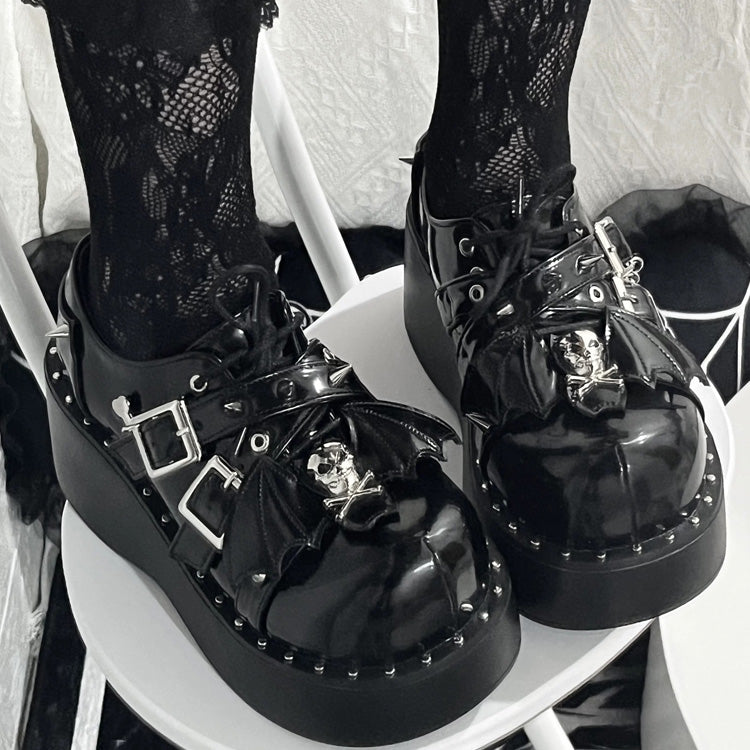Glossy Black Punk Gothic Little Demon Bat Skull Cross Strap Platform Shoes - Product - 2