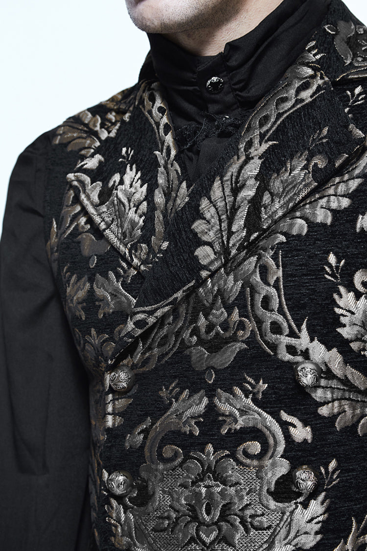 Black/Silver Palace Short Big Jacquard Pattern Men's  Gothic Waistcoat - Product - 4