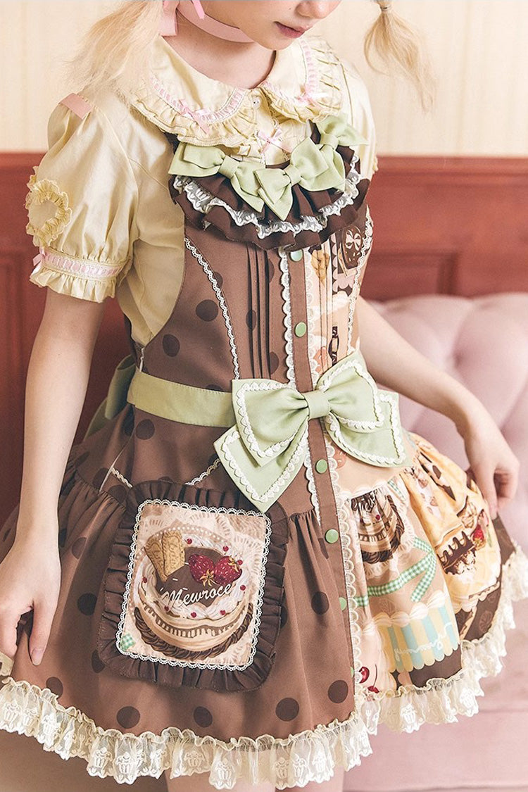 Brown Cake Chocolate Dessert Print Ruffle Bowknot Sweet Lolita Strap Dress - Product - 4