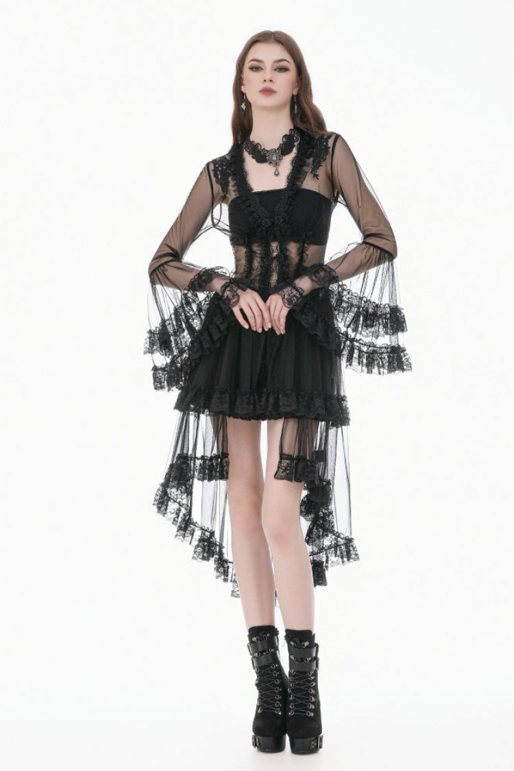 Black Deep-V Ruffled Long Flare Sleeves Sheer Lace Patchwork Lace-Up Women's Gothic Duster - Product - 6