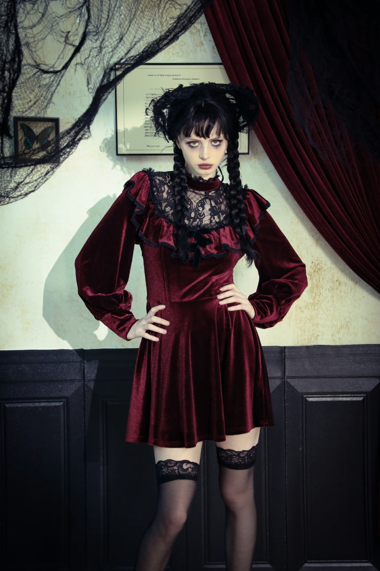 Red Long Sleeves Crochet Velvet Dress Women's Gothic Graduation Dress - Product - 14