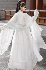 White Long Sleeves High Waisted Jacquard Print Embroidery Women's Sweet Hanfu Dress Full Set - Product - 7