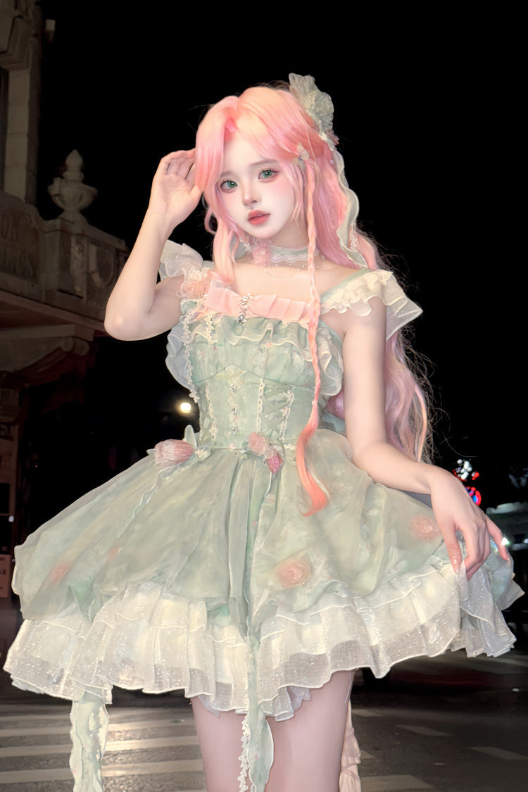 Green Flower Fairy Forest Garden Print Ruffle Bow Lace Sweet Lolita Dress detail view 4