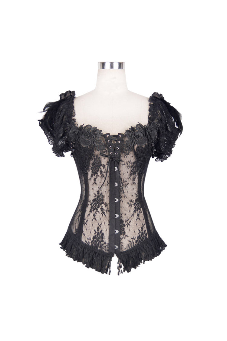 Black Transparent Lace Cotton Waist Fishbone Feather Women's Gothic Flower Corset - Product - 6