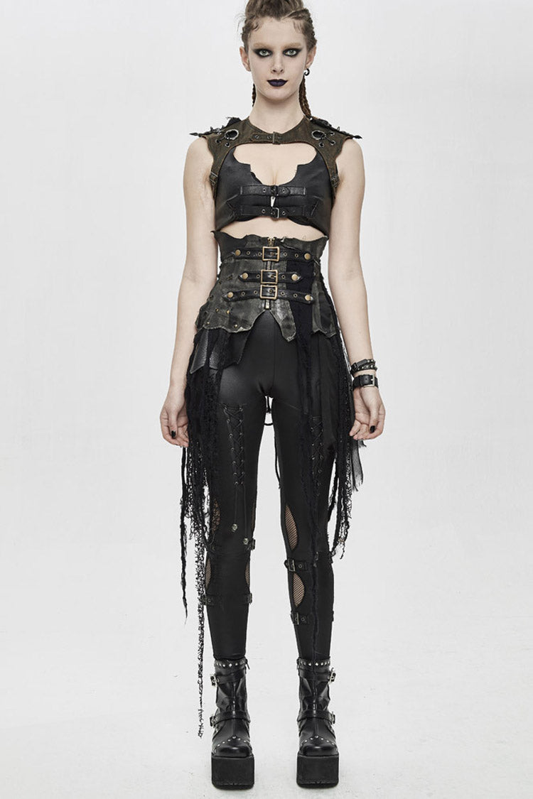 Black Vintage Leather Patchwork Distressed Belted Irregularly Lace Hem Women's Punk Half Skirt - Product - 5