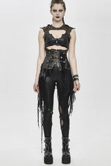 Black Vintage Leather Patchwork Distressed Belted Irregularly Lace Hem Women's Punk Half Skirt - Product - 5