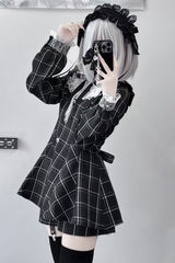 Black/White [Heart-beating Limited] Long Sleeves Plaid Print Print Bowknot Lace Gothic Jirai Kei Dress Set - Product - 7