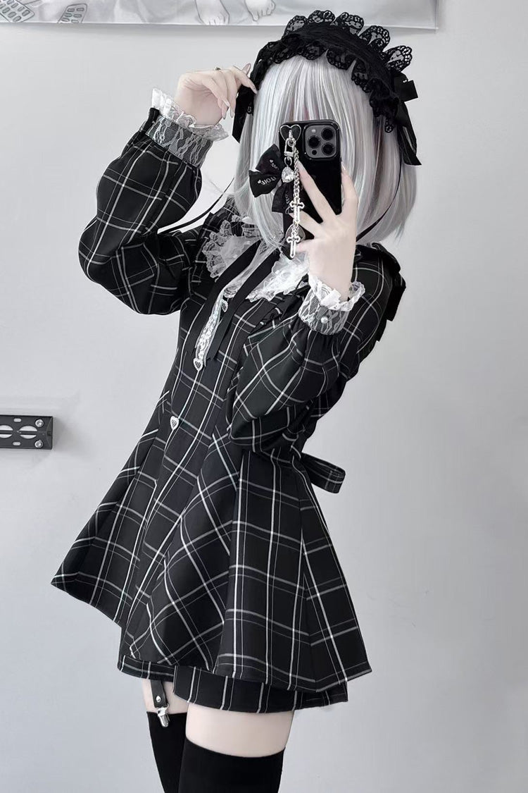 Black/White [Heart-beating Limited] Long Sleeves Plaid Print Print Bowknot Lace Gothic Jirai Kei Dress Set - Product - 7