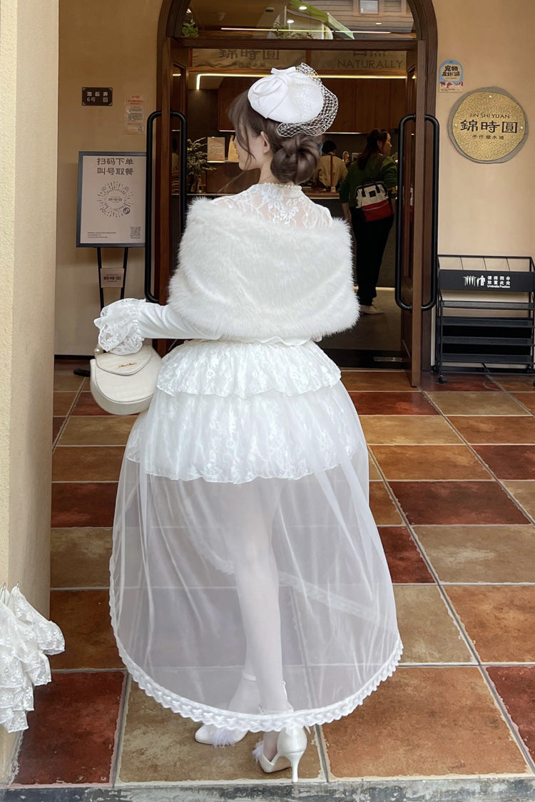 White [First Snow] Long Sleeves Lace Irregular Sweet Lolita Skirt Three-piece Set - Product - 4