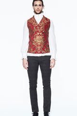 Red/Gold Palace Short Big Jacquard Pattern Men's Gothic Waistcoat - Product - 3