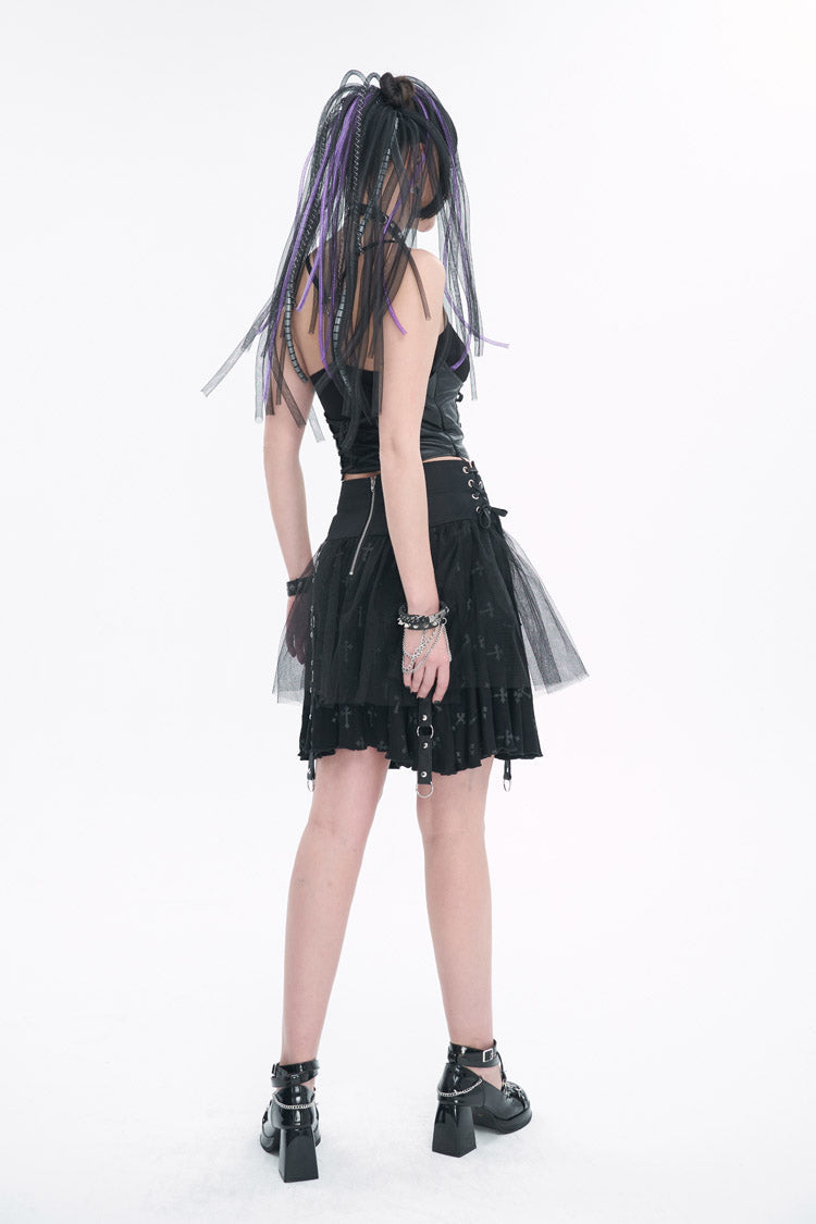 Black Cross Print Side Waist Straps Detachable Metal Chain Women's Punk Skirt - Product - 4