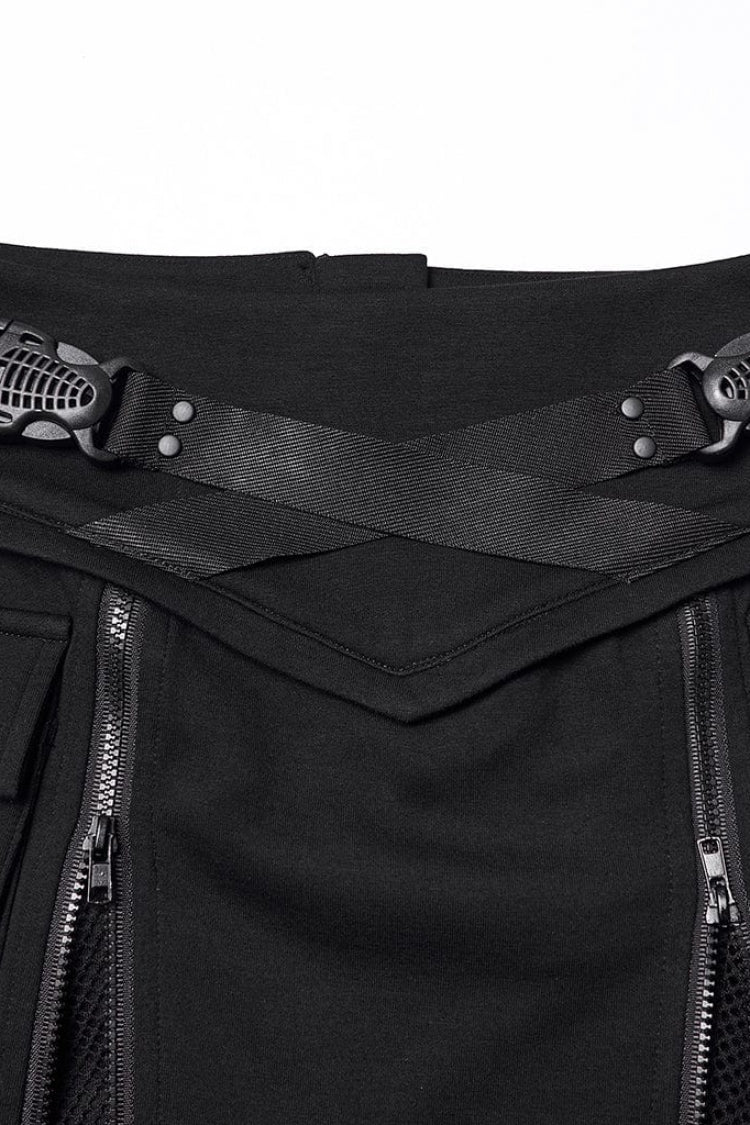 Black Lace-Up Zippered Women's Punk Cool  Big Pockets Techwear Skirt - Product - 7