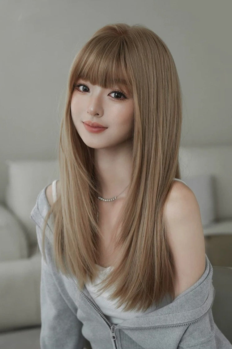 Korean Daily Sweet Style Flaxen Brown Long Layered Straight Lolita Wig with Airy Full Bangs - Product - 2