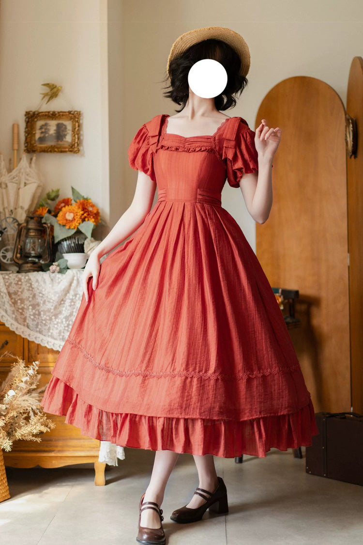 Red [Forest Gallery] Square Collar Short Sleeves Ruffled Bow Classic Vintage Elegant Lolita Dress - Product - 6