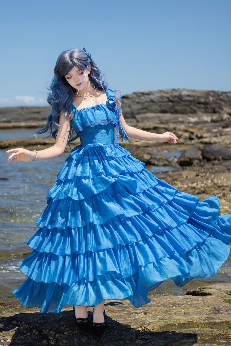 [Bubble Rain] Flutter Sleeves Multi-Layered Ruffled Sweet Lolita Jsk Dress 2 Colors (Yellow, Blue) - Product - 22