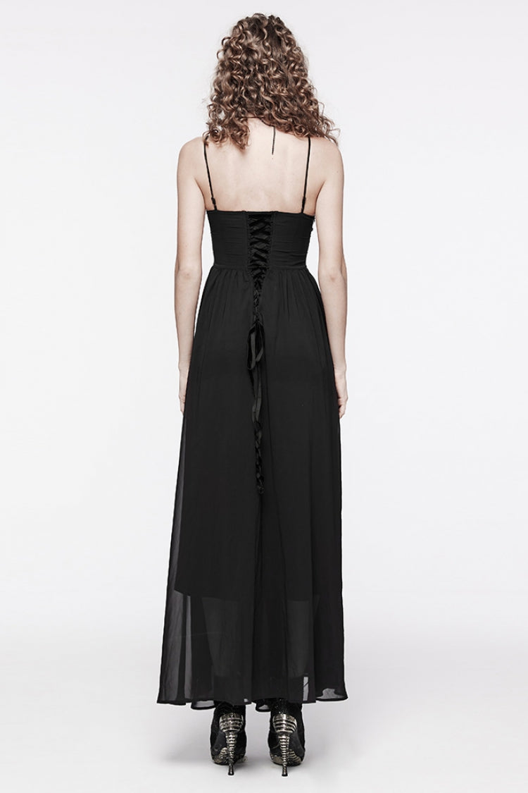 Black Floral Embroidery Lace-Up Women's Gothic Slip Dress - Product - 3