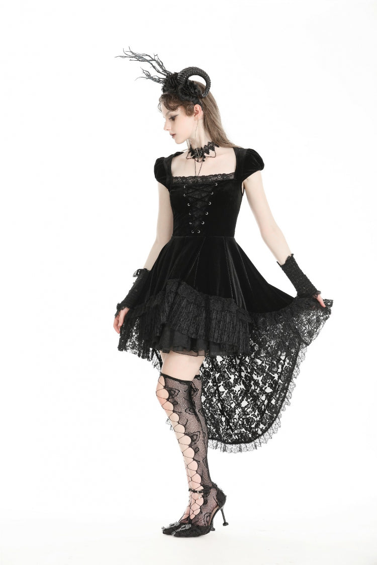 Black Square Collar Cap Sleeves Lace-Up High/Low Lace Ruffled Women's Gothic Princess Velvet Dress - Product - 9