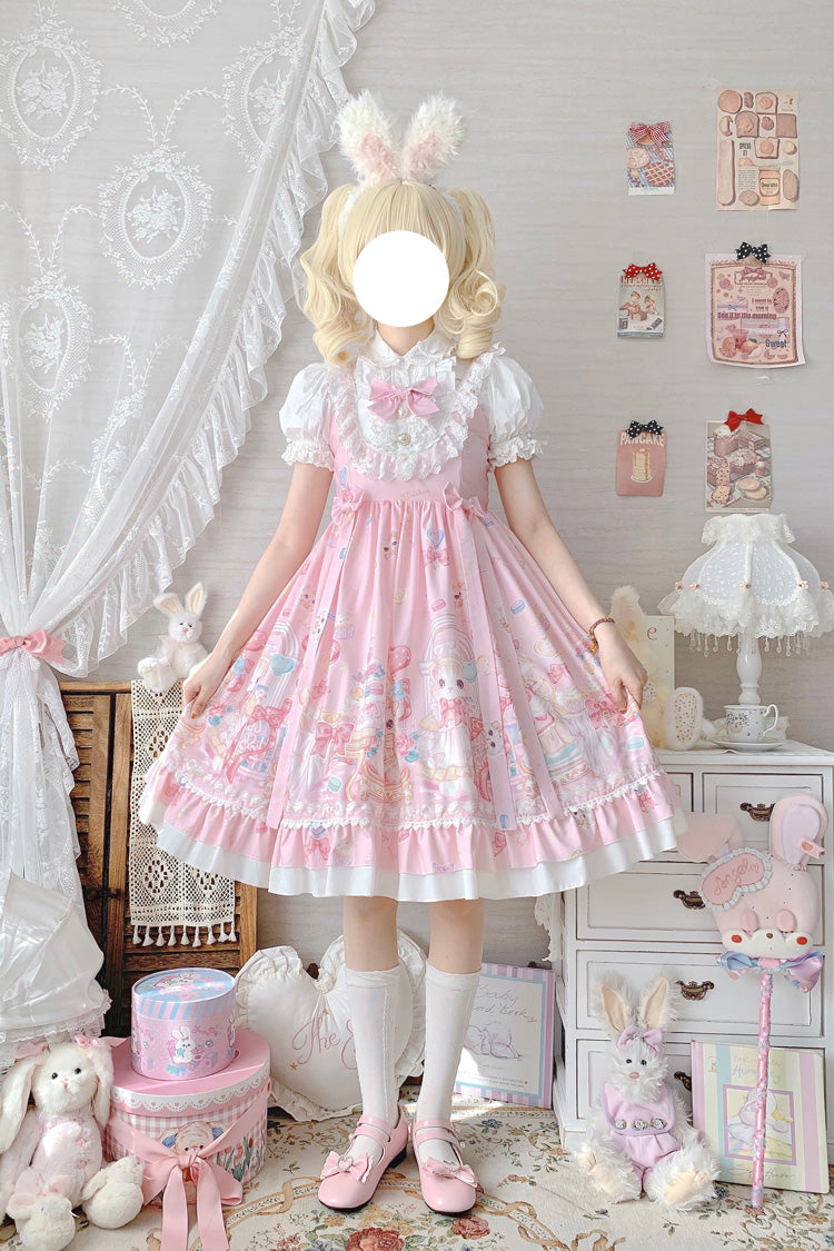 Pink Cute Cat Print High Waisted Ruffle Bowknot Sweet Princess Lolita JSK Dress - Product - 6