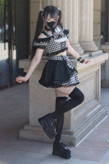 [Night Rabbit Dream] Short Sleeves Plaid Printed Ruffled Open-Front Bow Lace-Up Sweet Jirai Kei Japanese Skirt Set - Product - 9