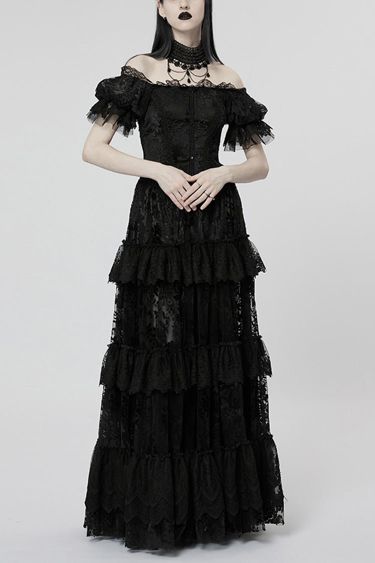 Short Puff Sleeves Print Ruffle Lace Women's Gothic Dress 2 Colors - Black - 1
