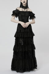 Short Puff Sleeves Print Ruffle Lace Women's Gothic Dress 2 Colors - Black - 1
