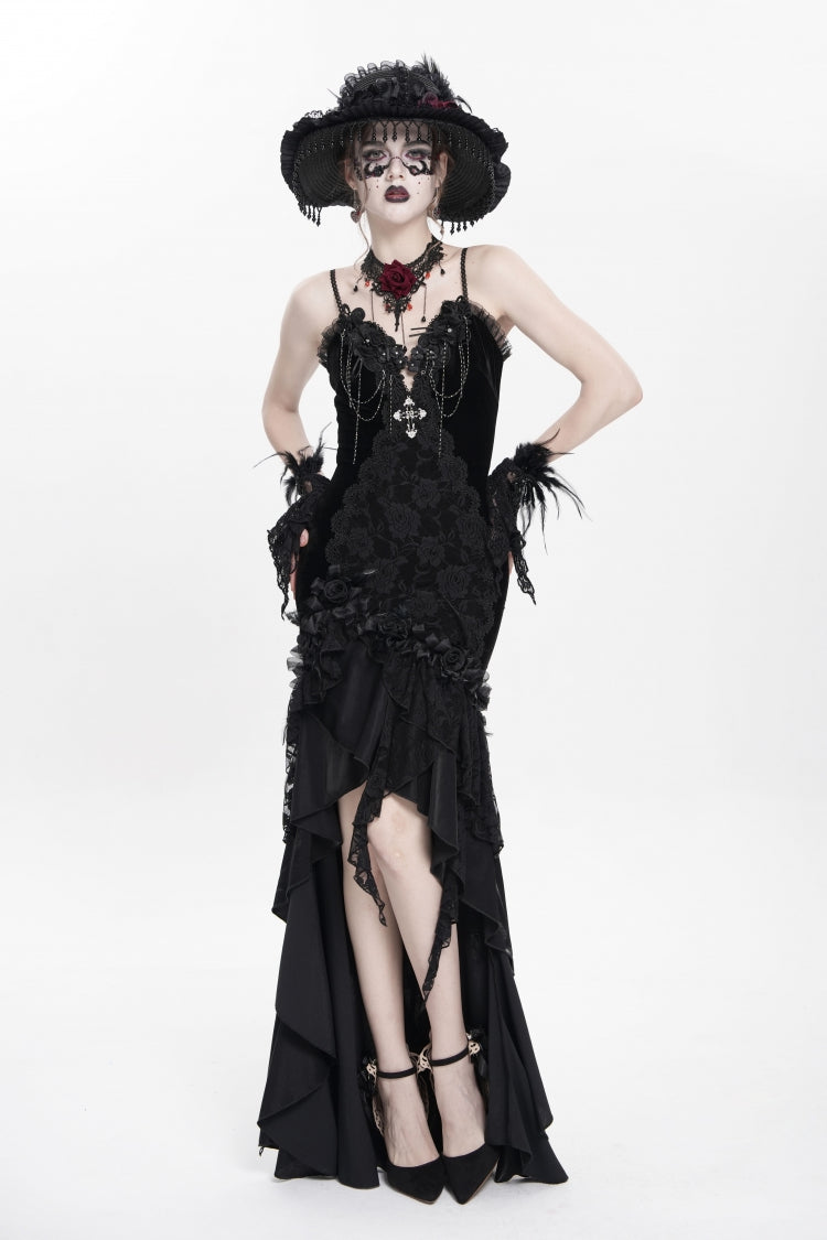 Black Sleeveless Cross Ruffled Floral Embroidered Chain-Decorated Women's Gothic Long Slip Dress - Product - 5