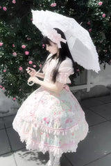 White/Pink Sleeveless Flower Wall Print Ruffle Bowknot Lace Sweet Lolita Jsk Dress - Product - 14