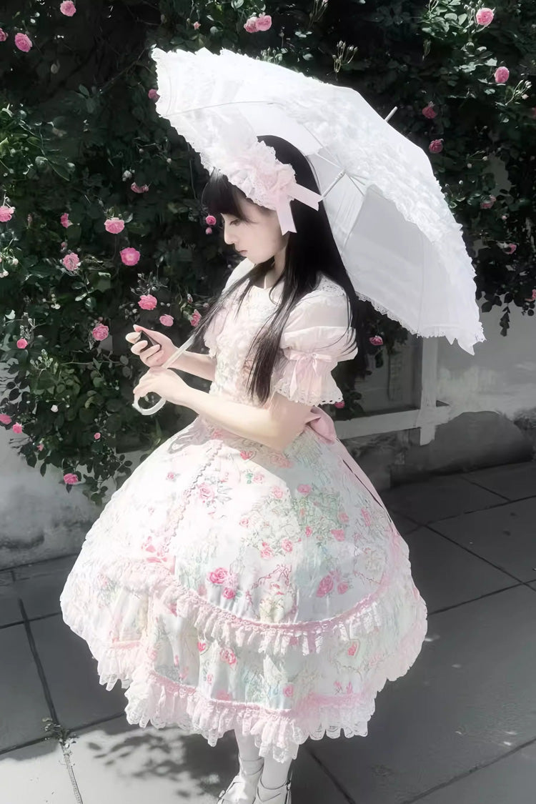 White/Pink Sleeveless Flower Wall Print Ruffle Bowknot Lace Sweet Lolita Jsk Dress - Product - 14