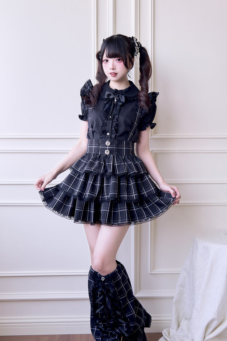 Black Triple-Layered Plaid Print Ruffle Gothic Jirai Kei Japanese Strap Dress - Product - 7