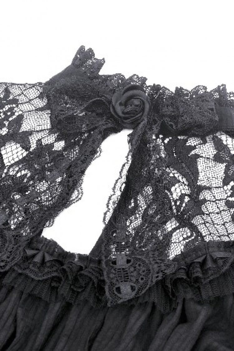 Black Lace Ruffled Stand Collar Long Puff Sleeves Cut-Out Women's Gothic Grad Dress - Product - 12