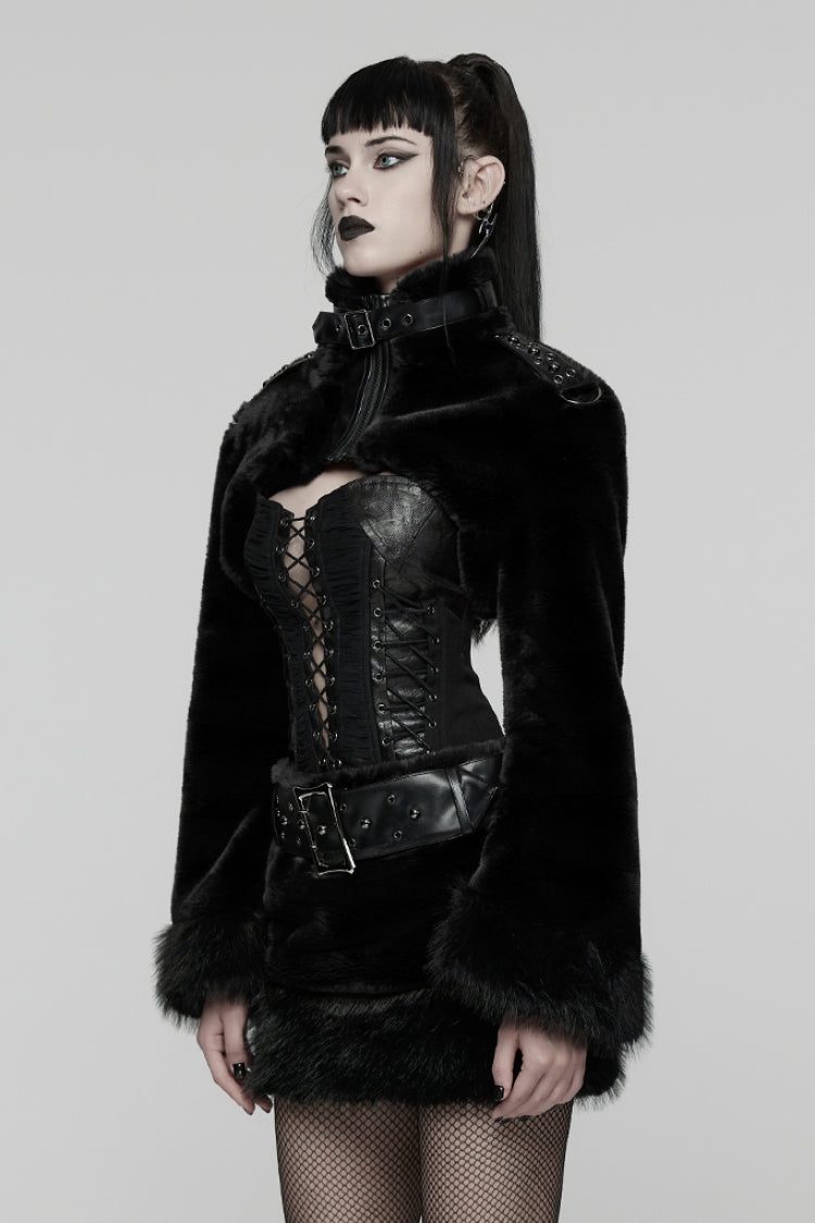 Black Stand Collar Long Sleeves Buckle Straps Faux Fur Women's Punk Short Cloak - Product - 2