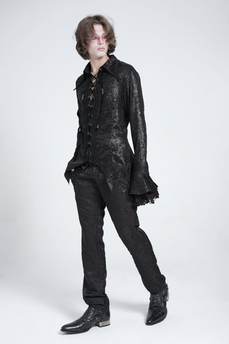 Black Long Trumpet Sleeves Lace-Up Men's Gothic Swallow-tailed Blouse - Product - 7