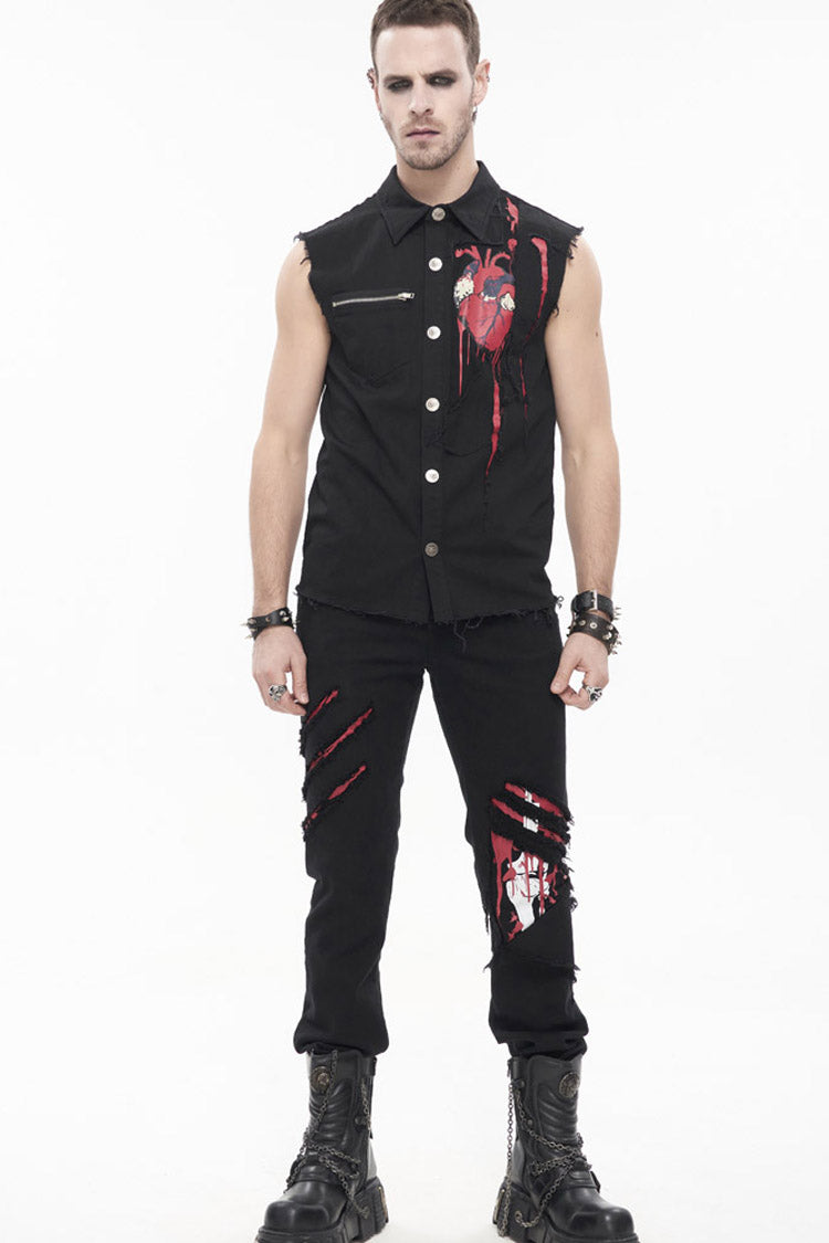 Black Punk Simple Everyday Stand Collar Print Sleeveless Men's Shirt - Product - 8
