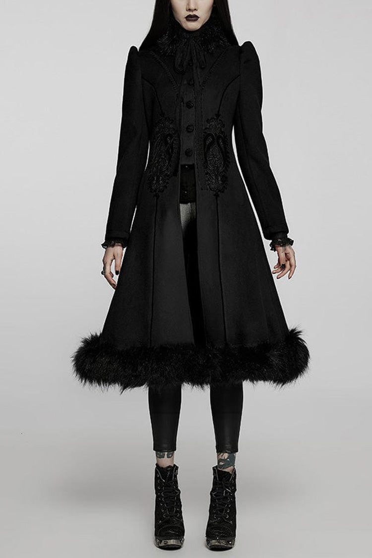 Black Gothic Gorgeous Symmetric Appliqu¨¦ Detachable Big Fur Collar Loose Hem Long Women's Coat - Black - 1