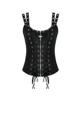 Black Women's Punk Eyelet Lace-Up Ripped Front Zippered Tank Top - Product - 3
