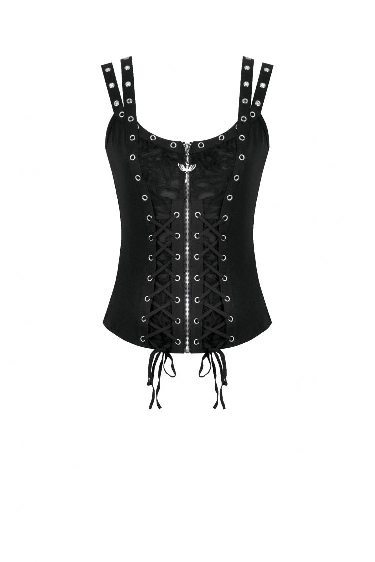 Black Women's Punk Eyelet Lace-Up Ripped Front Zippered Tank Top - Product - 3