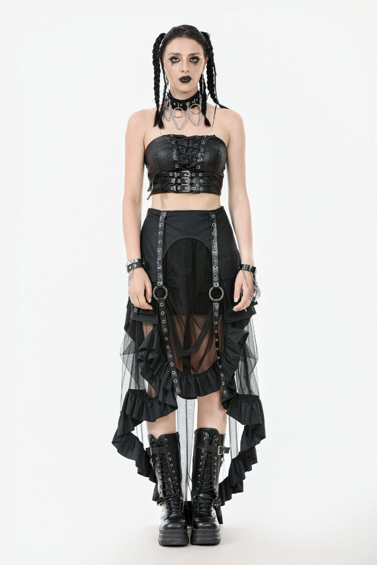Black Eyelet Straps Women's High-Low Multi-Layered Ruffled Sheer Mesh Punk Skirt - Product - 5