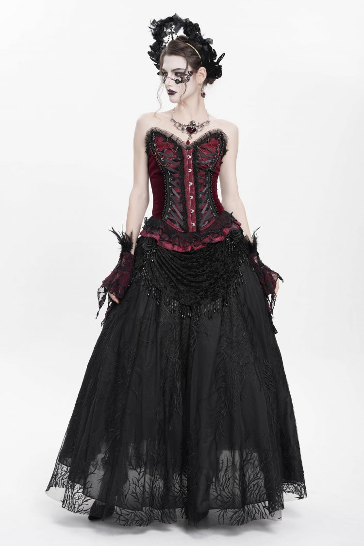 Red Sleeveless Beaded Lace Lace-Up Women's Gothic Overbust Corset - Product - 9