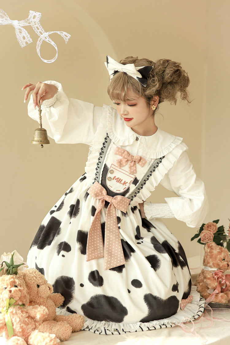 Milk Cow Print Ruffle Bowknot Sweet Lolita Jsk Dress 5 Colors - Product - 16