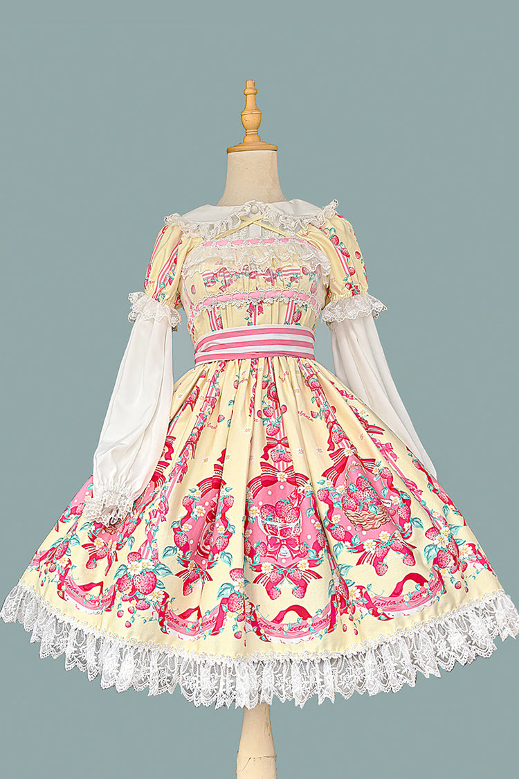 [Strawberry Chef] Short Sleeves Print Bowknot Lace Sweet Lolita Dress 4 Colors - Product - 16