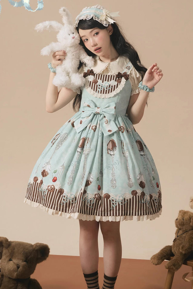 Blue/Green Sleeveless Print Bowknot Sweet Plus Size Lolita Jsk Dress - Product - 3