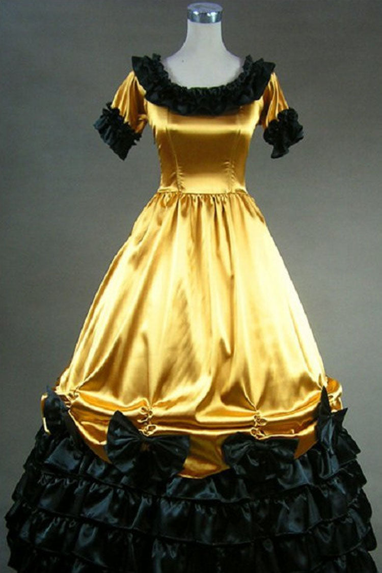 Golden Cotton Round Neck Short Sleeves Floor Length Bowknot Victorian Gothic Lolita Dress - Golden - 1