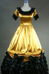Golden Cotton Round Neck Short Sleeves Floor Length Bowknot Victorian Gothic Lolita Dress - Golden - 1