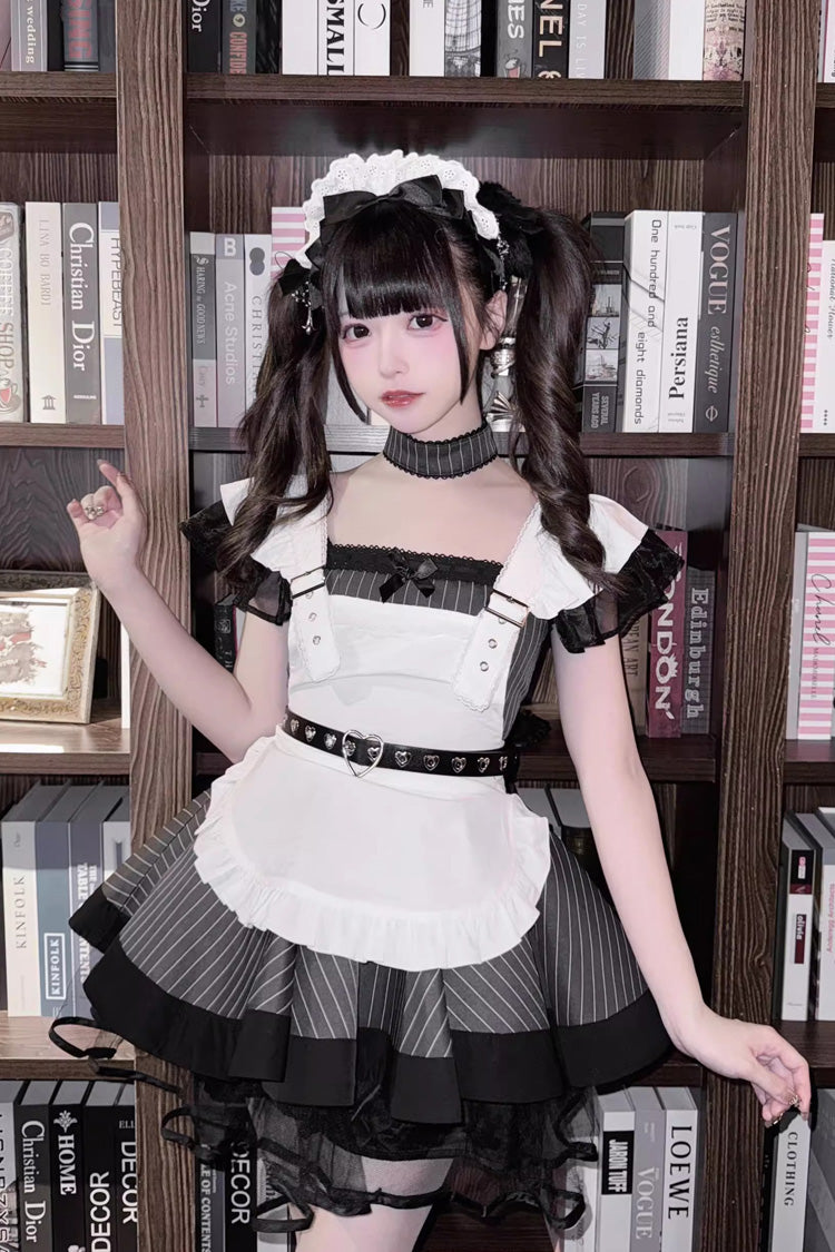 Grey/Black Short Sleeves Stripe Print Ruffle Jirai Kei Dress - Grey/Black - 1