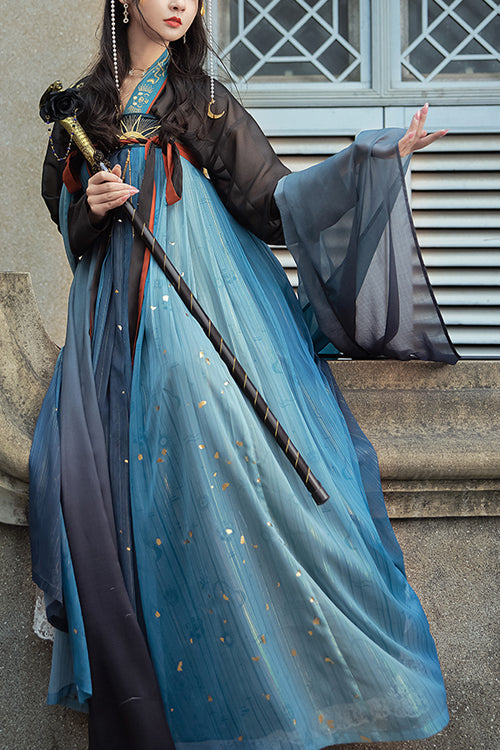 Black/Blue Hot Stamping Embroidered Ancient Flowy Classic Hanfu Dress Full Set - Product - 2