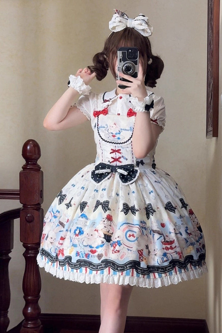 Beige [Mystery Rabbit Tea Party] Sleeveless Print Ruffle Bowknot Lace Sweet Lolita Jsk Dress - Product - 9