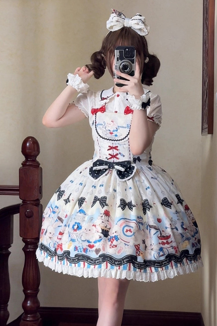Beige [Mystery Rabbit Tea Party] Sleeveless Print Ruffle Bowknot Lace Sweet Lolita Jsk Dress - Product - 9