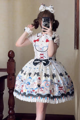 Beige [Mystery Rabbit Tea Party] Sleeveless Print Ruffle Bowknot Lace Sweet Lolita Jsk Dress - Product - 9