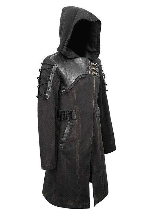 Brown Hooded Denim Tattered Long Mens Punk Coat - Product - 6