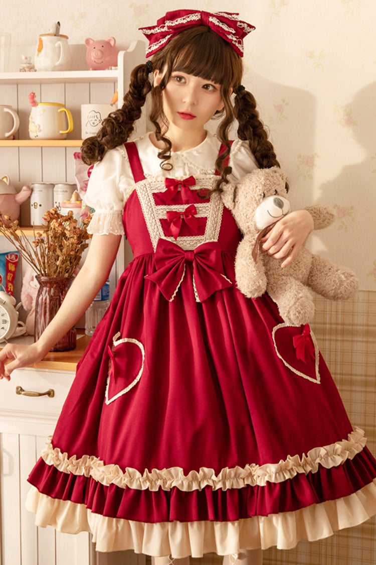 Wine Love Heart Shape Pockets Bowknot Classic Lolita Jsk Dress - Product - 4